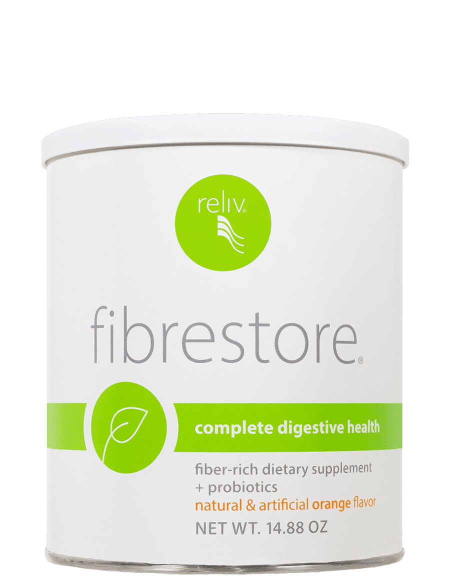 FibRestore fiber supplement canister with oats, flax seeds, and an apple