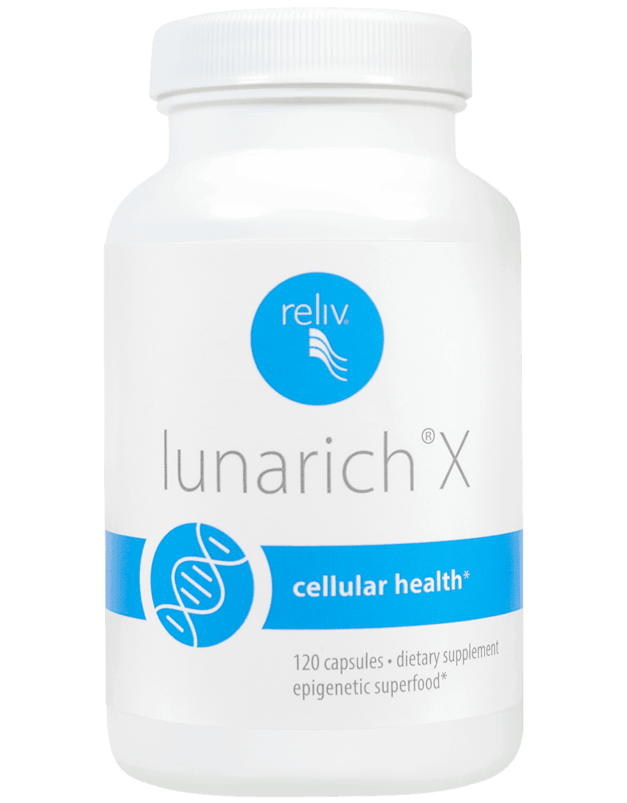 LunaRich X supplement bottle with golden capsules