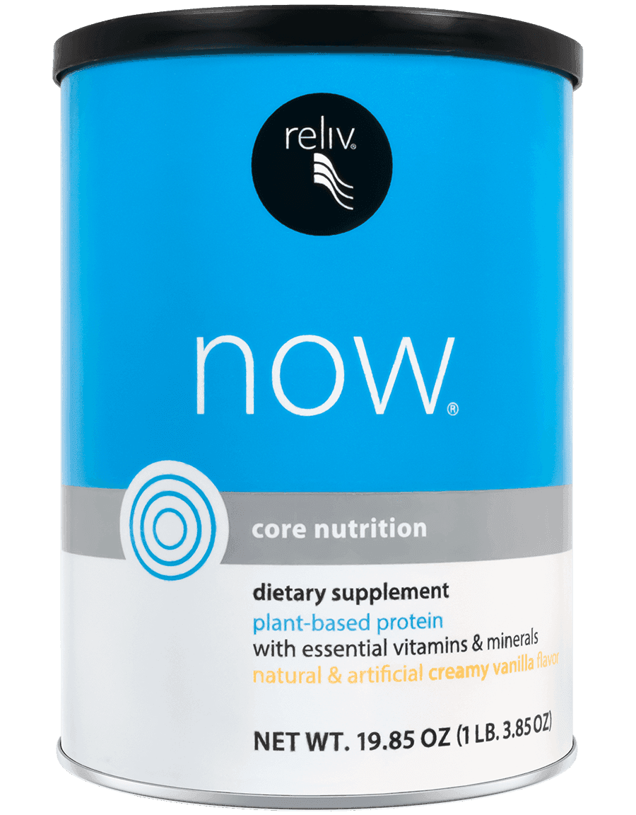 Reliv Now core nutrition shake canister with a scoop of powder